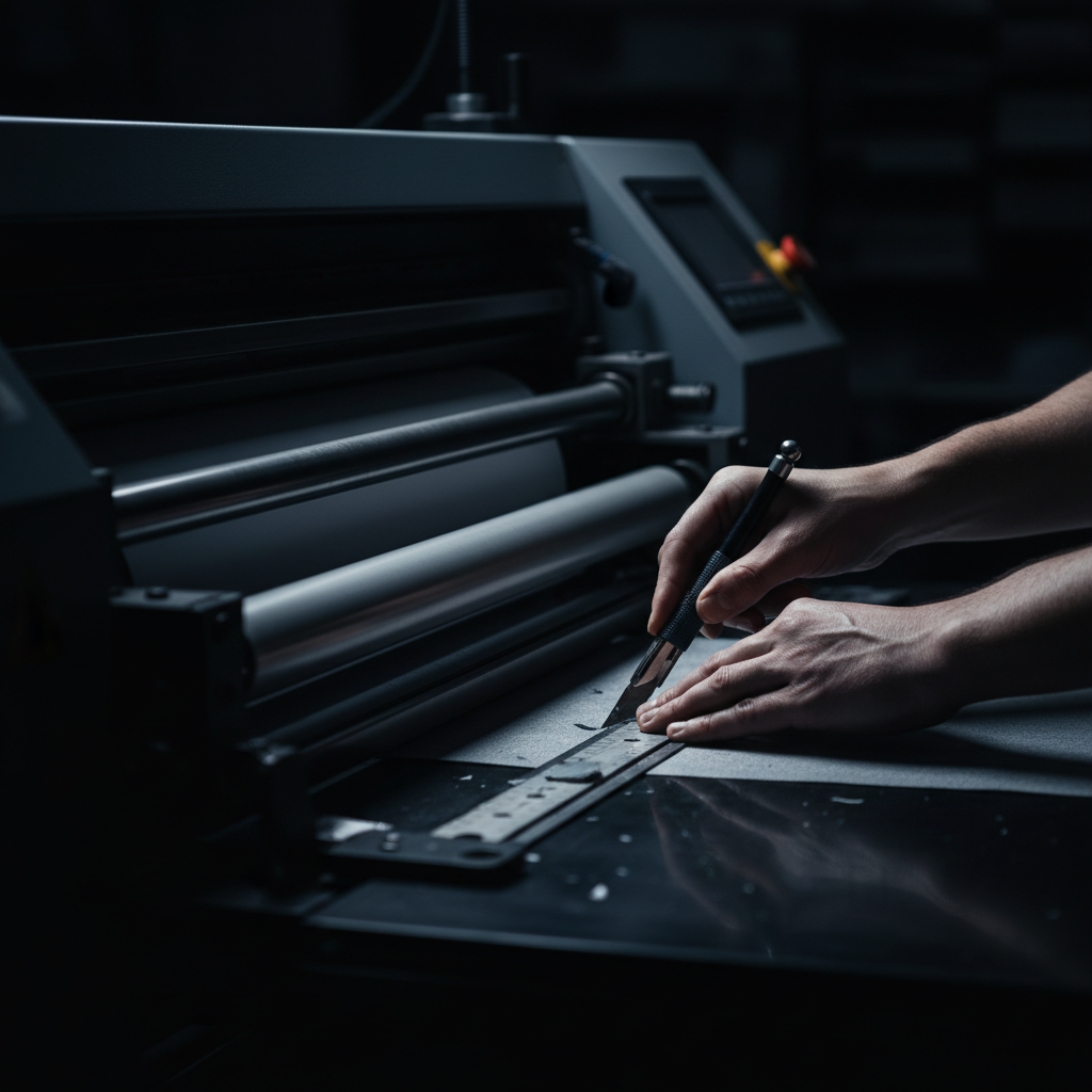 Hands working at a large-format printer