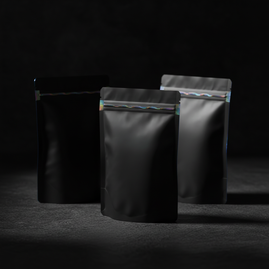 Matte black mylar pouches
