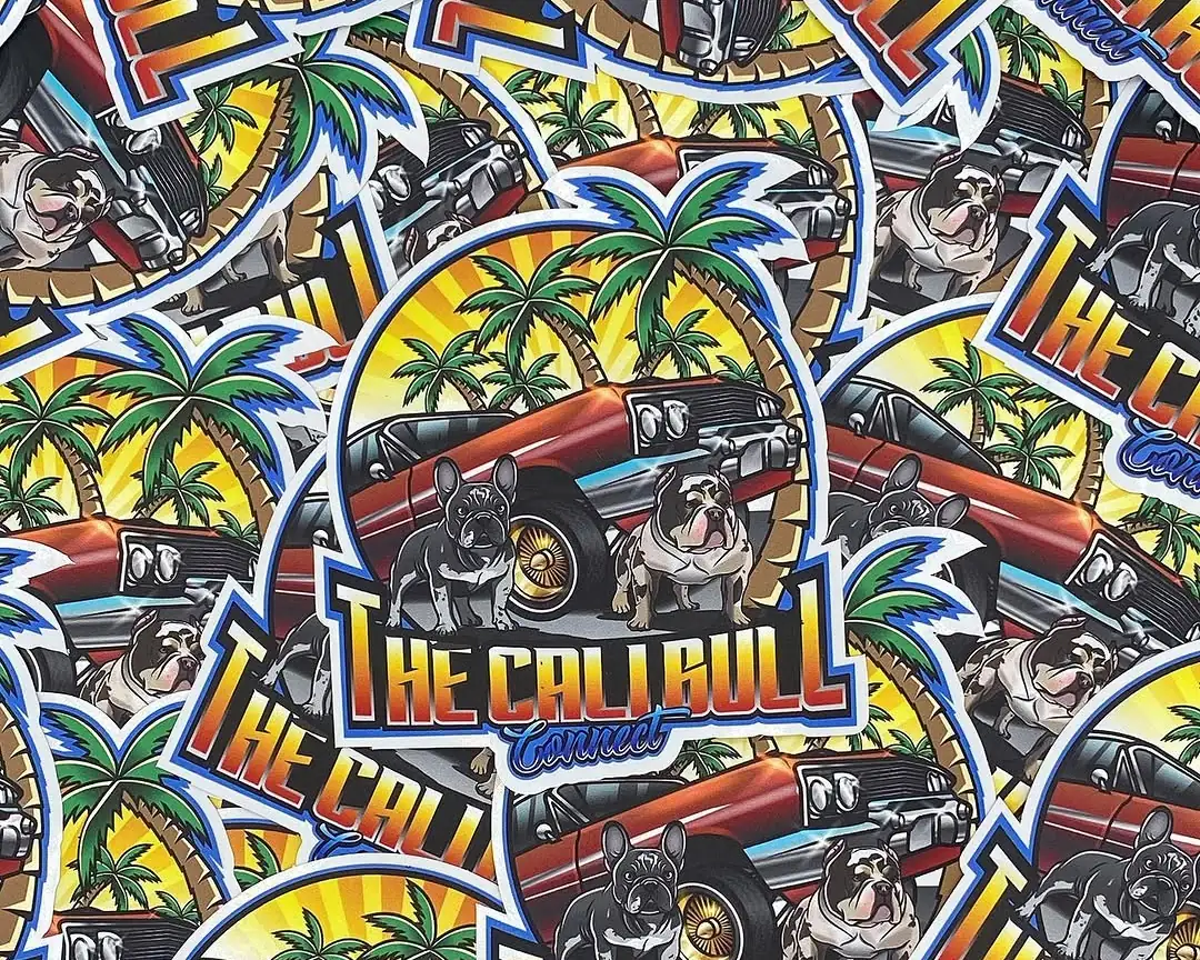 A pile of The Cali Bull Connect die-cut stickers, bulldog and lowrider art