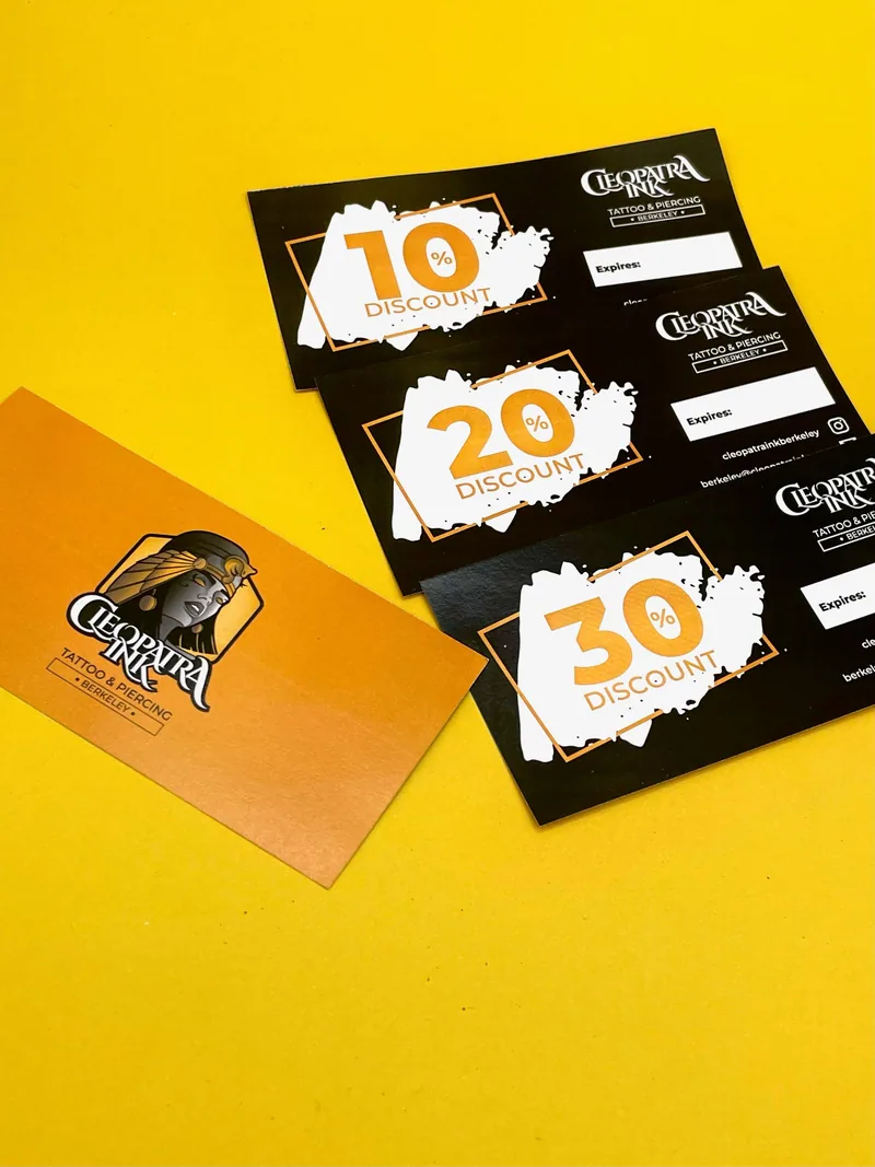 Cleopatra Ink · printed discount cards. Example shop project; each order is custom printed.