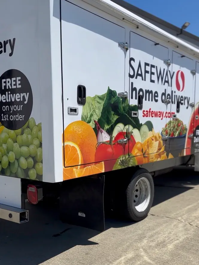 Safeway home delivery truck with fruit and vegetable graphics